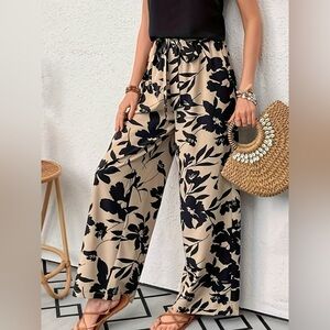 Floral Wide-Leg Pants - Black and Tan